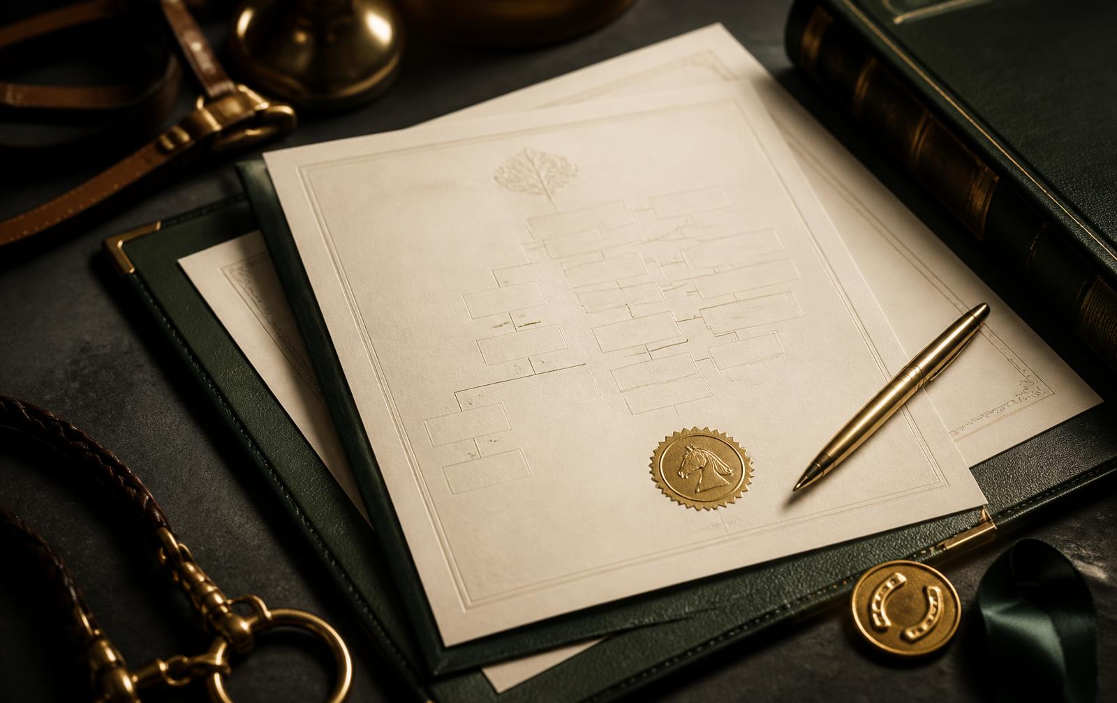 Dossiê genealógico com pedigree, linhagem e selo dourado