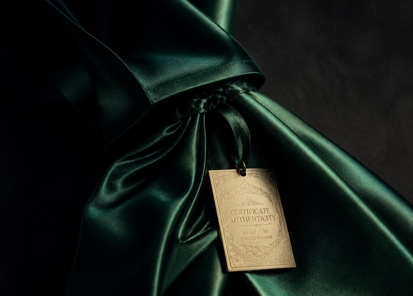 A champagne gold certificate of provenance resting on couture silk