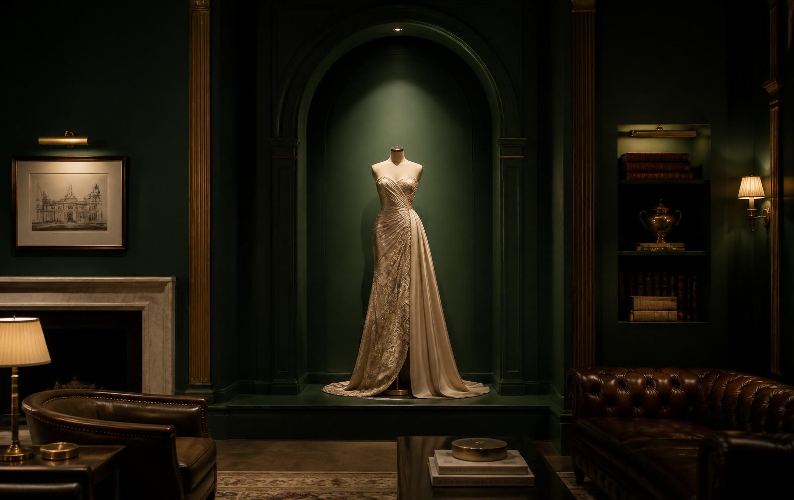 A single haute couture gown displayed like a sculpture in a private British racing green salon
